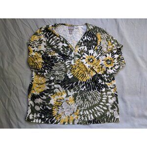 Chicos Top Green Yellow Floral Half Zip V Neck 3/4 Sleeve Womens Size M